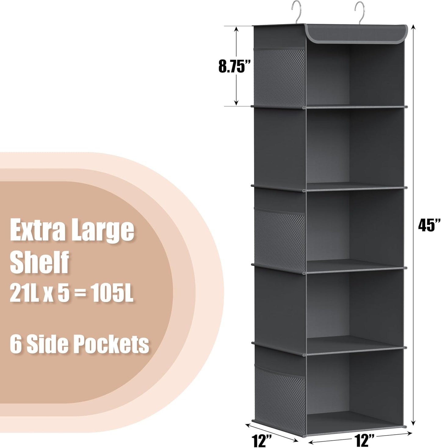 Simple Houseware 5 Shelf Hanging Closet Organizer, Dark Gray