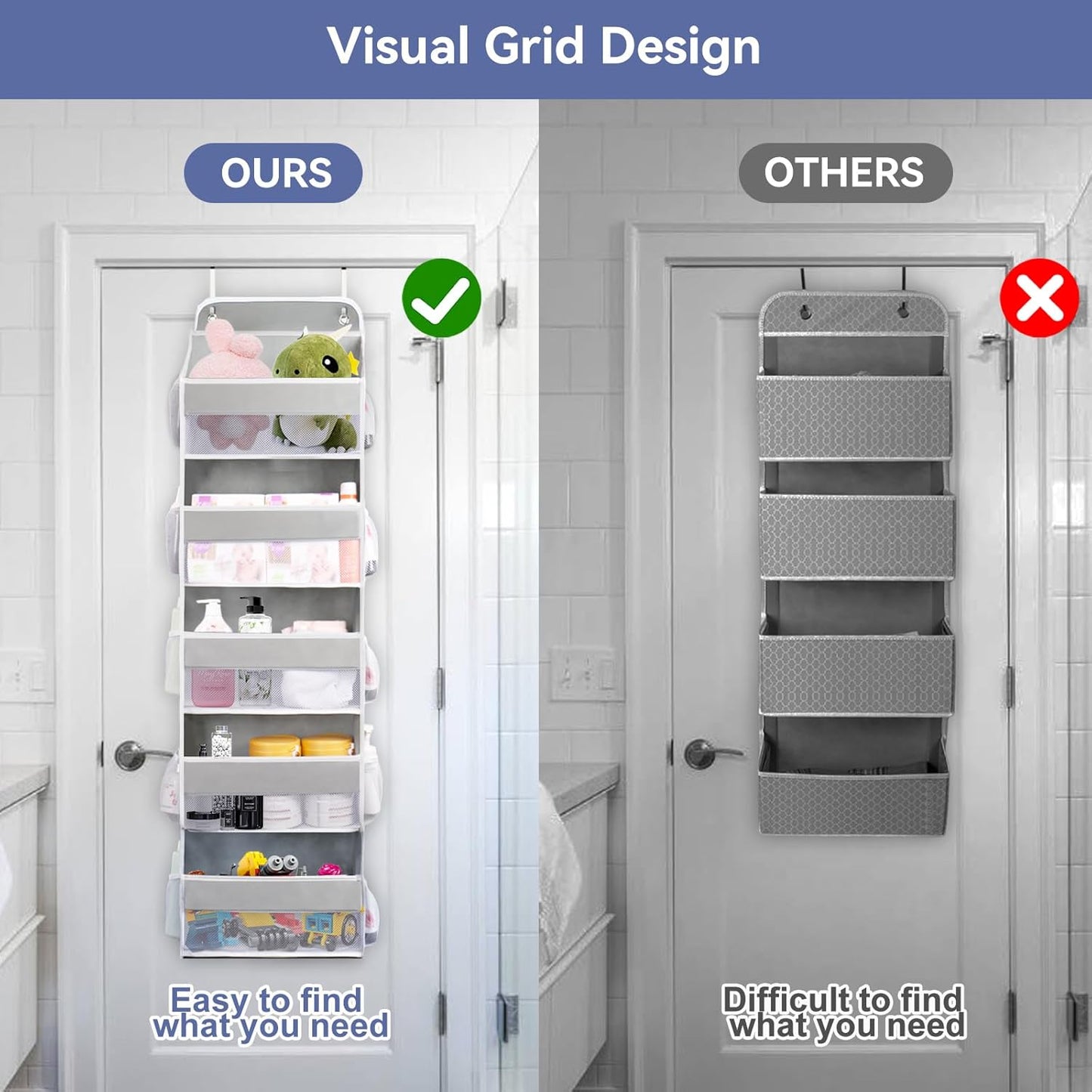 QINGUANG Over The Door Organizer,Hanging Organization And Storage, Behind Door Organizer with Side Pockets, 44 lbs Capacity,Anti Tilt, for Nursery, Bathroom, Bedroom,Dorm (5-Shelf)