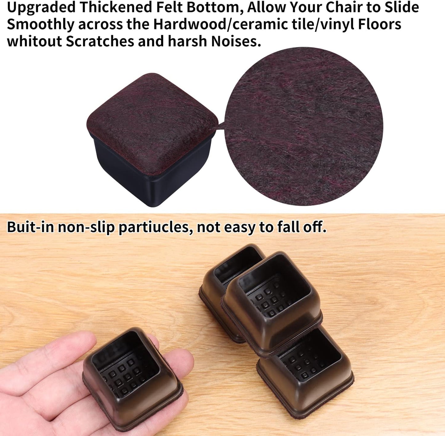 Ezprotekt 24 Pcs Extra Small Square Chair Leg Floor Protectors, Silicone Felt Furniture Pads, Dining Table Leg Caps Covers Protectors for Hardwood Floors No Scratches (S Fit: 0.55" - 0.75", Black)