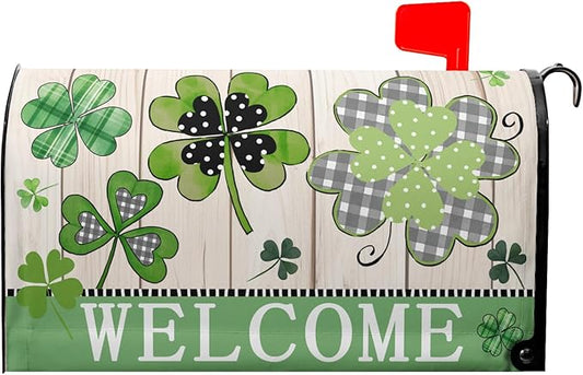 Welcome St Patrick's Day Holiday Magnetic Mailbox Covers Large Size 25.5x21in Lucky Shamrocks Clover Mail Box Wraps Green Leaves Wooden Decorative Letter Post Box Cover for Home Garden Outside