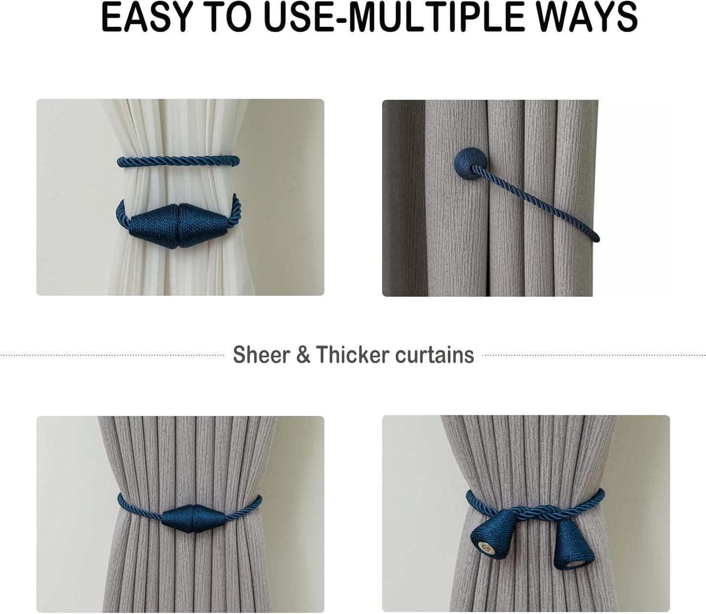 Magnetic Curtain Tiebacks 6 Pack Outdoor Rope Curtain Tie Backs Decorative Window Treatment Holdbacks for Home Decorative Curtain, Blue