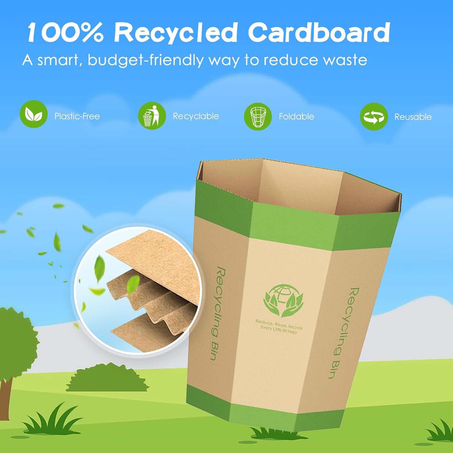 6-Pack Cardboard Trash Can – Foldable, Recyclable, Plastic-Free & Reusable Small Waste Paper Basket - Garbage Bin Perfect for Office, Bedrooms, Home, Events & Outdoor Activities (2.1 Gallon)