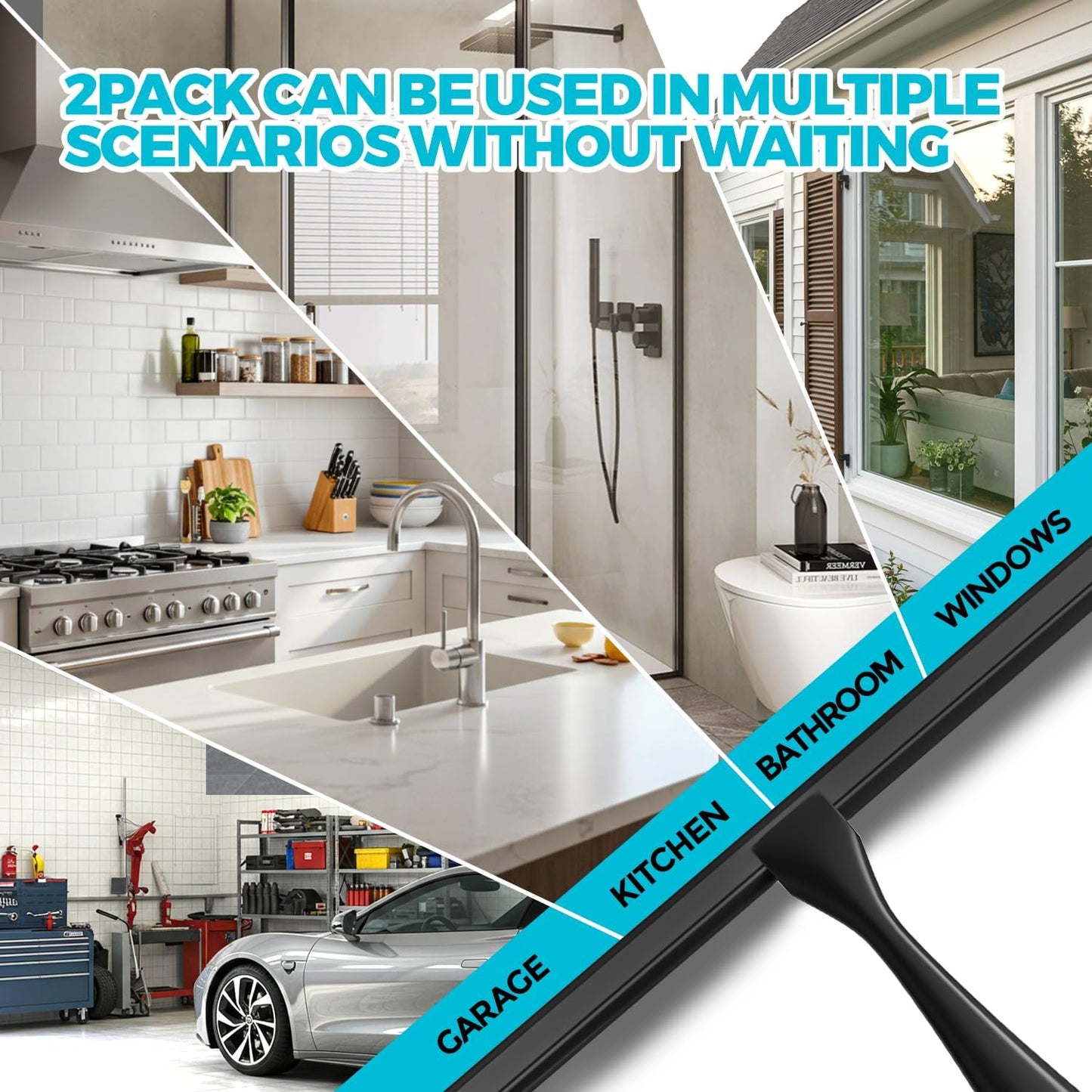 2PACK 12-Inch All-Purpose Shower Squeegee for Shower Doors, Bath Linen Sets, Tile Shower Walls, Bathroom, Window, Glass and Car Windshield, Mirrors and Kitchen-Stainless Steel, Black