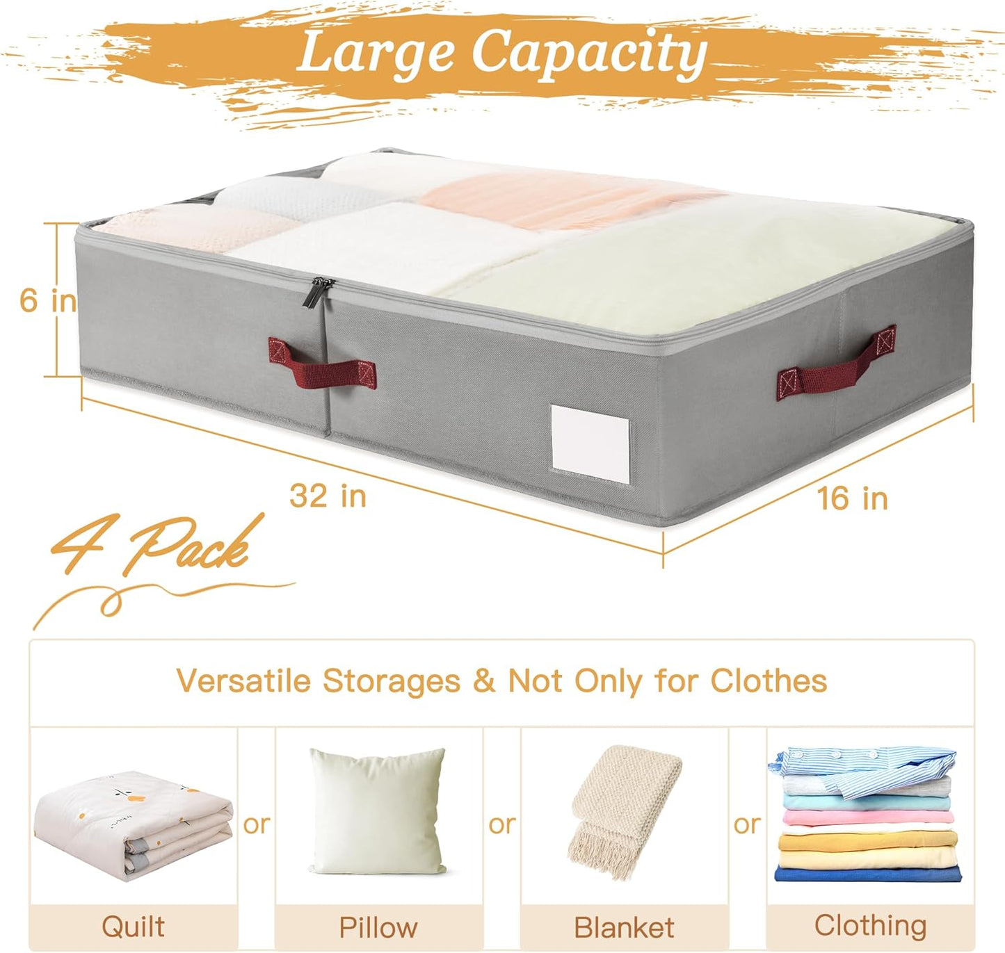 Criusia Under Bed Storage Bins with Clear PVC Lids – 4 Pack Large Underbed Organizers with Heavy-Duty Handles, Reinforced with 800G PP Panels & 80G Non-Woven Fabric – Waterproof & Foldable, Gery