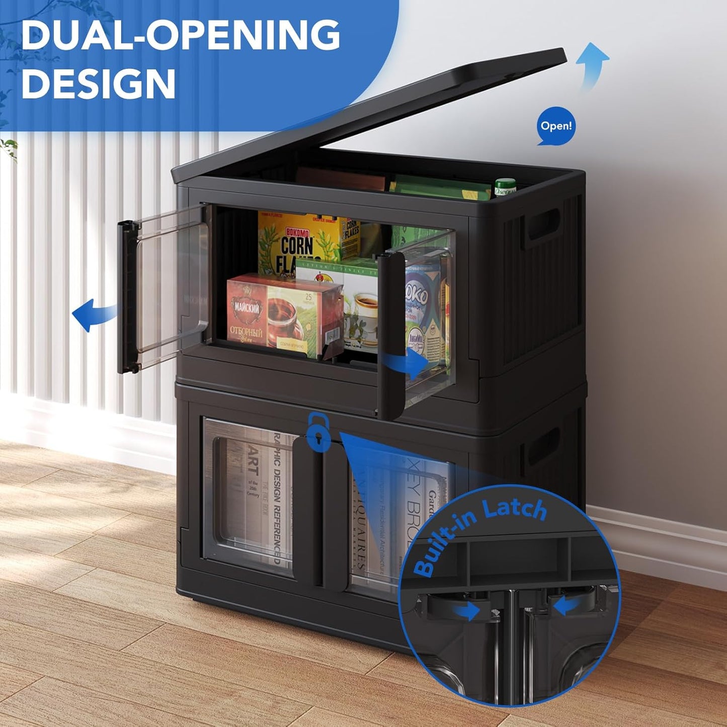 FLEXIMOUNTS 150 QT Stackable Storage Bins With Lids, Collapsible Plastic Storage Bins, Closet Organizers and Storage Containers with Doors and Built-in Wheels For Home, 4 Pack Cubes, Black