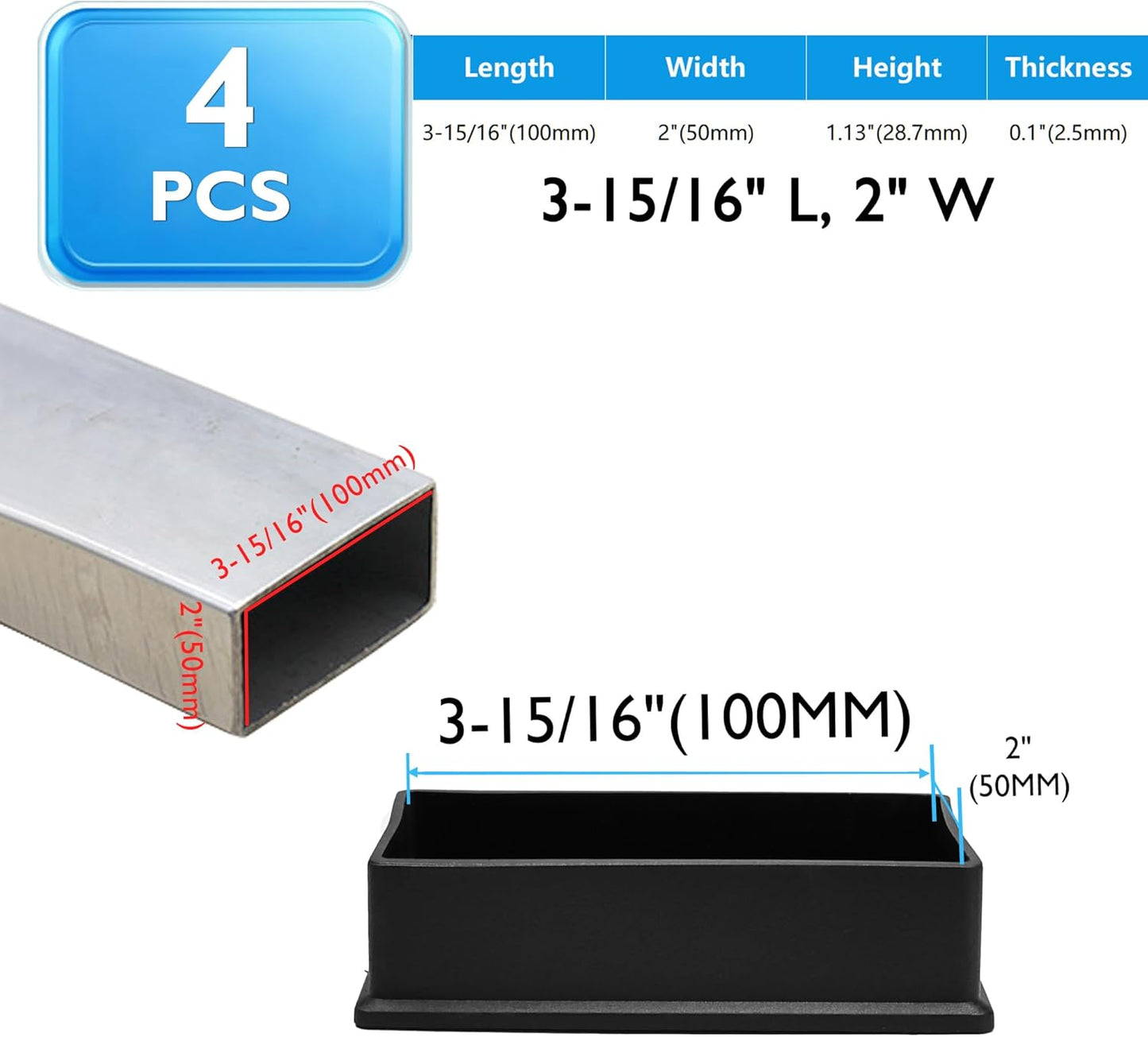 4 Pcs 2" x 4" Rectangular Rubber Chair Leg Caps, PVC Table Leg Covers, Flexible & Anti-Slip Furniture Leg End Caps, Chair Leg Floor Protectors for Bar Stool Leg Patio Indoor, Black