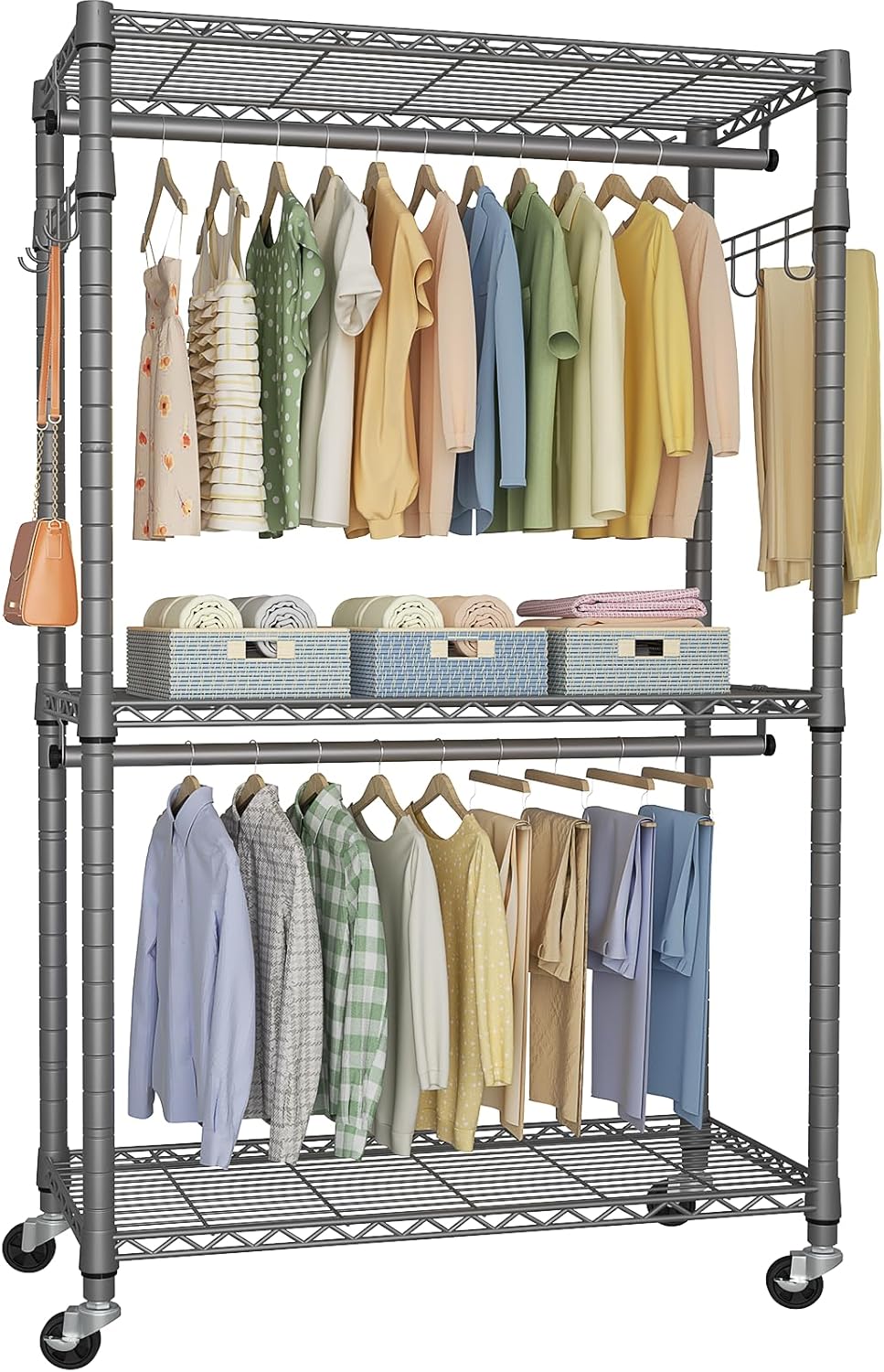 FUTASSI P1 Heavy Duty Garment Rack, 3 Tiers Adjustable Rolling Metal Closet Organizer with Lockable Wheels, FreeStanding Wardrobe with Double Hanger Rods & 1 Pair Hooks, Max Load 450 LBS, Gray