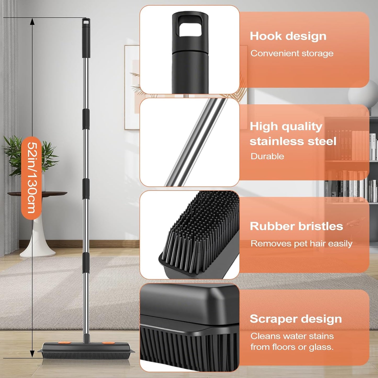 Pet Hair Removal Rubber Broom with Squeegee,Carpet rake for pet Hair Removal Tool,52 inch Adjustable Handle,Includes 1 Microfiber Cloth for Floor Dusting and 1 Pet Hair Comb Long Extension Pole