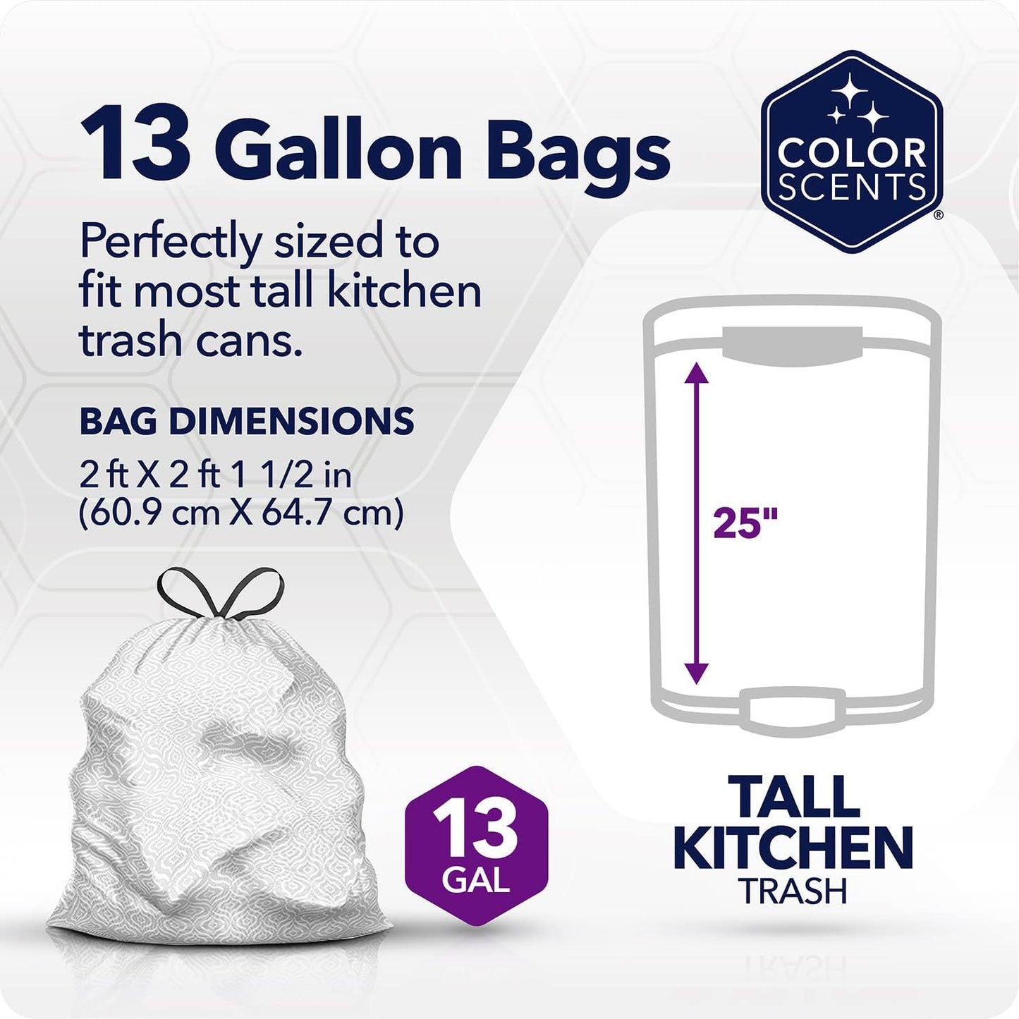 Color Scents Tall Kitchen Trash Bags - 13 Gallon, 20 Bags (5 Pack of 20 Count), Drawstring - Silver Bag in Simply Clean Scent with Microban