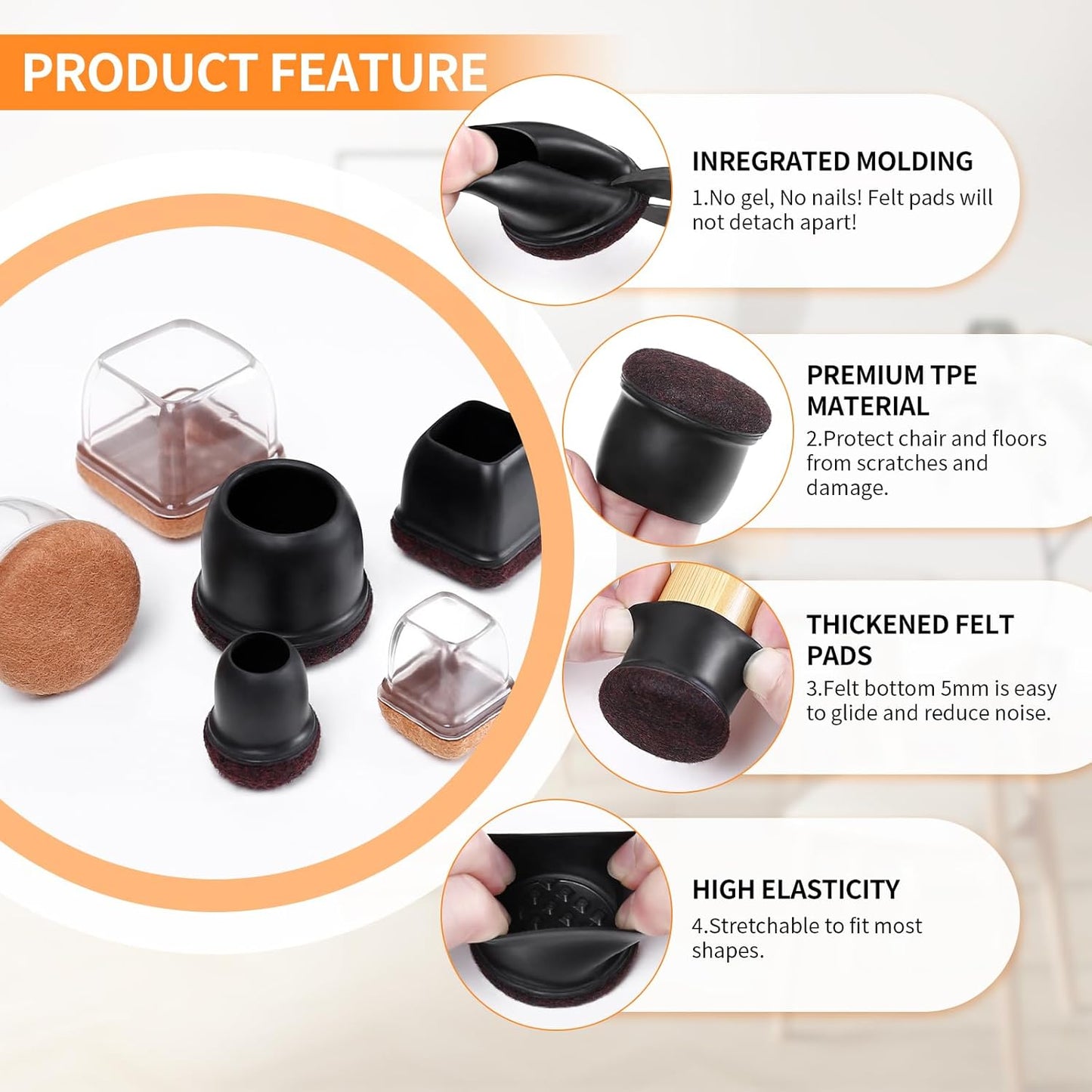 Ezprotekt 24 Pcs Round Silicone Chair Leg Floor Protectors with Felt, Floor Protectors for Chair, Felt Furniture Pads, Chair Leg Caps Cover, Bar Stool Leg Floor Protectors (L Fit: 1.1" - 1.3", Black)