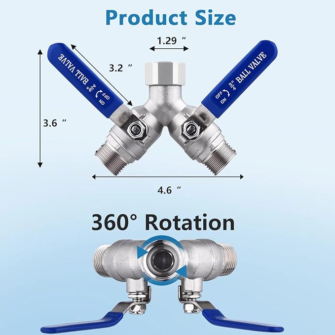 304 Stainless Steel Garden Hose Splitter 2 Way Heavy Duty, Full Flow Y Valve Water Hose Splitter With Long Handle, Lead-free，3/4" GHT Thread