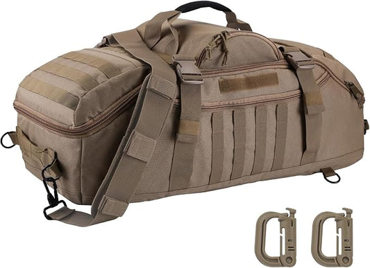 Travel Gym Duffle Bag Tactical, Gear Backpack for Men Women, Large Duffle Hand Bag for Travel, 3 in 1 Shoulder Backpack for Sports Hiking Camping, Water Resistant & Easy Clean (Khaki, 65L)