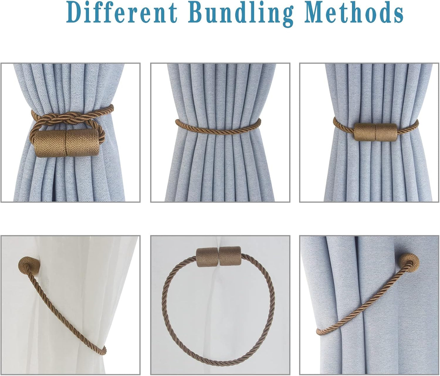 Magnetic Curtain Tiebacks 6 Pack Khaki Curtain Rope Tieback Curtain Holders for Drapes Modern Tie Backs Decorative Curtain Holdbacks