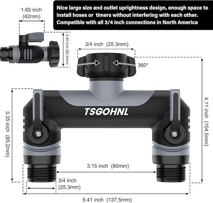 Garden Hose Splitter, 3/4-Inch Hose Manifold, Outdoor Faucet Adapter - Soft TPR Covering - Lightweight Non-Slip Sun-Resistant 2-Way Valve（Gray）