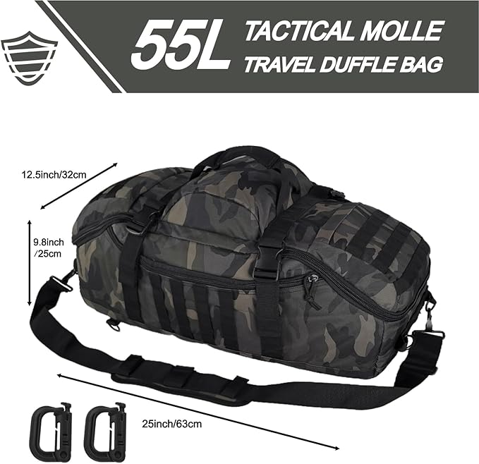 Travel Gym Duffle Bag Tactical, for Men Women Multi-functional Backpack, 3 in 1 Shoulder Bag Backpack Handbag for Sports Hiking Camping, Water Resistant Easy Clean (Black Camo, 55L)