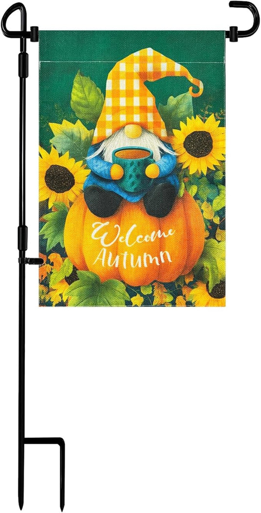 ROTERDON Fall Gnome Garden Flag 12x18 Inch with Stand, Welcome Autumn Sunflower Pumpkin Garden Flags Double Sided Metal Yard Flag Holder for Outside, Party Holiday Yard Decoration