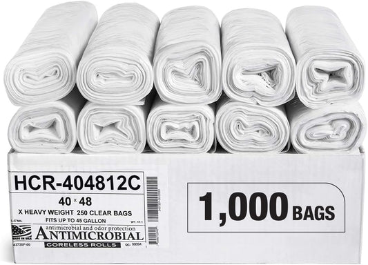 Aluf Plastics High Density Trash Bags, 45 Gallon, 1000 Count, 12 Micron (eq), 40" x 48", Clear, for Bathroom, Office, Industrial, Commercial, Janitorial, Municipal, Recycling