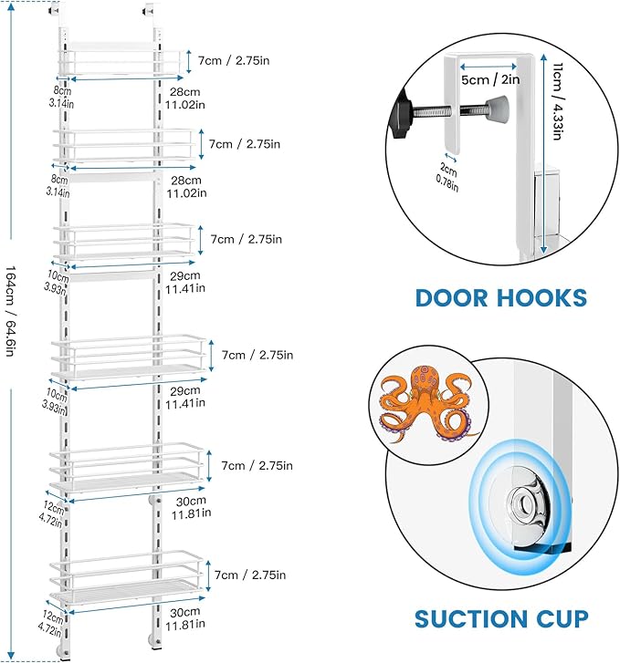 Adjustable 6-Tier Over the Door Pantry Organizer, Spice Rack, Narrow Hanging Shelf for Kitchen Storage and Organization (White)