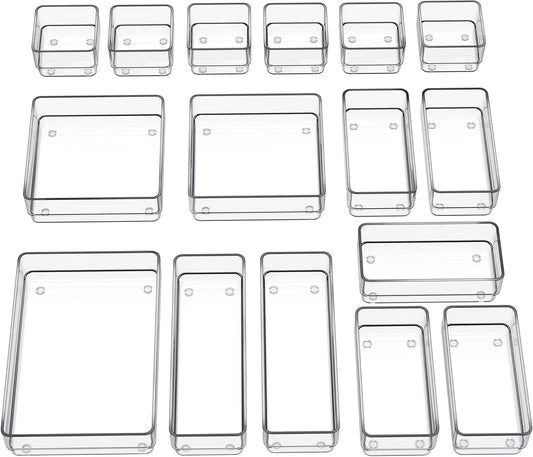 SMARTAKE 16-Piece Drawer Organizer with Non-Slip Silicone Pads, 5-Size Desk Storage Tray for Makeup, Jewelries, Utensils in Bedroom Dresser, Office and Kitchen, Clear