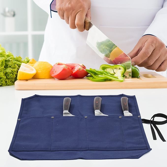 Chef Knife Roll, Heavy Duty 16OZ Waxed Canvas Knife Roll, 4 Slots Knife Bag with Professional Cut Resistant Fabric, Blue (21.5"L x 17.5"W)