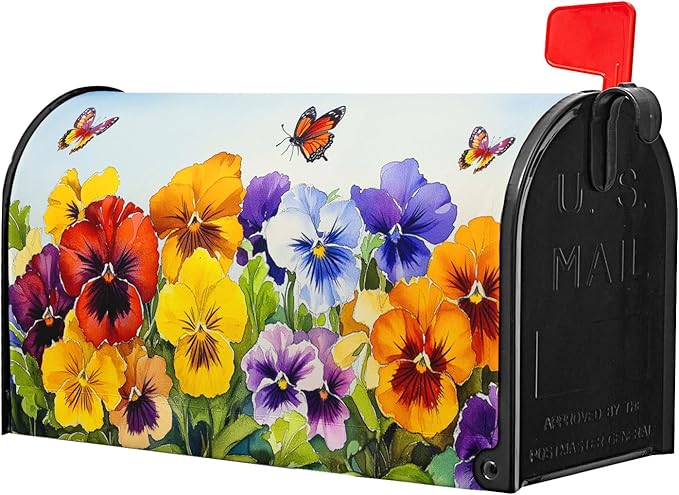 Watercolor Floral Mailbox Covers Magnetic Large Size 25.5''x21'' Spring Summer Flowers Butterfly Letter Box Wrap Colorful Flower Seasonal Waterproof Post Letter Box Cover for Outdoor Garden Yard