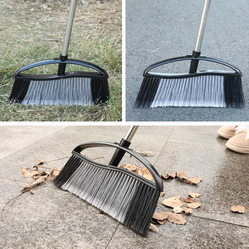 Heavy Duty Outdoor Broom - 15.7'' Wide, Long Handle, Angle Broom with Stiff Bristles for Patio, Garden, Garage, Yard (Black)