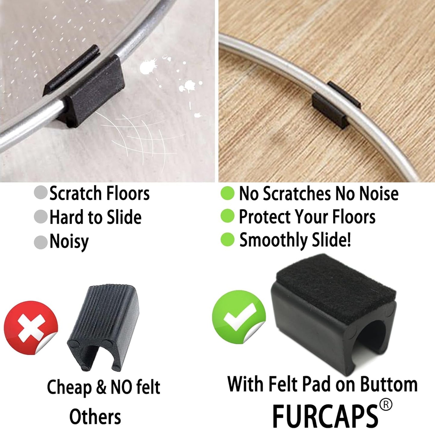 Rectangle U Shaped Chair Leg Tips Cap with Felt Pads,Furniture Feet Protectors Slide Smoothly Glides,Protect Hardwood Floor No Scratches No Noise,Fit 12mm(15/32inch) Diameter Tubular Legs (Black 8PCS)