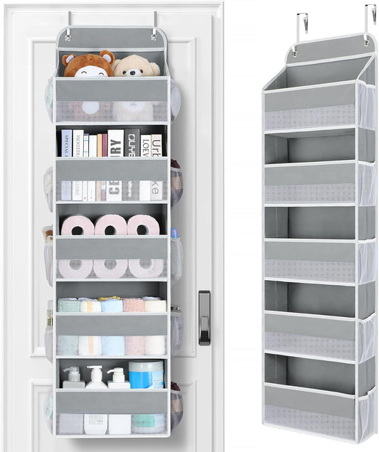 Yecaye Over The Door Organizer Storage, 5-Tier Heavy Duty Door Organizers Hanging with 10 Side Mesh Pockets, 44 lbs Load Capacity Behind Door Storage for Bathroom Nursery Bedroom Dorm Closet, Grey