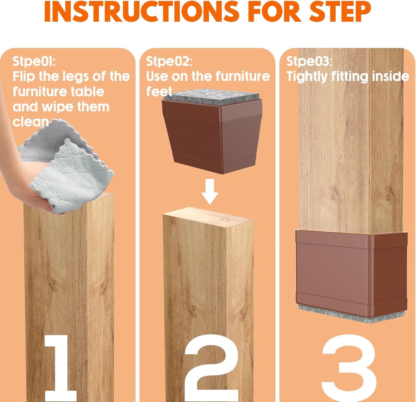 Rectangle Chair Leg Protectors for Hardwood Floors,16 PCS Silicone Covers to Protect Wood Tile Floors Felt Pads Furniture Leg Caps Reduce Noise. Easy to Move.(Brown,0.5 x 1.5 Inch,Rectangle)