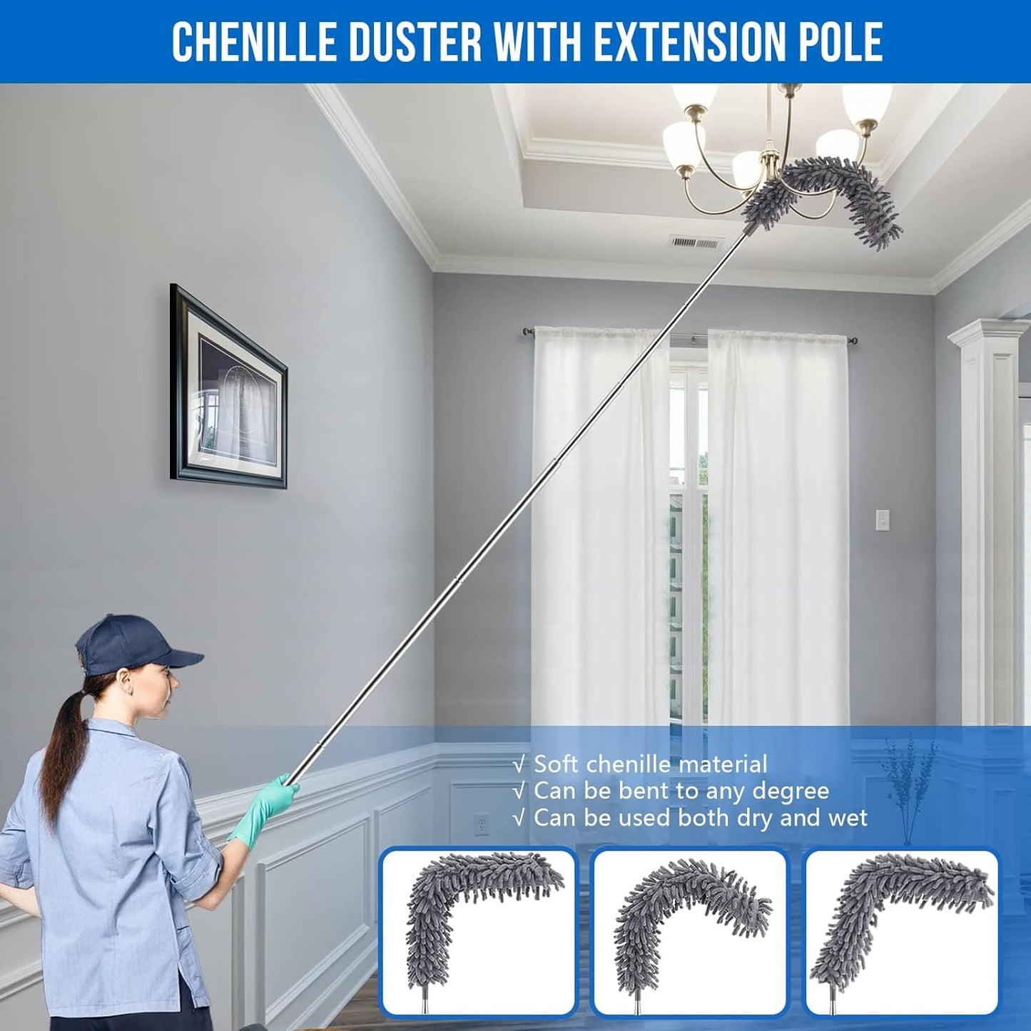 Microfiber Feather Duster 5-in-1 Kit for Dusting and Cleaning – 30–100" Extension Pole, Anti-Slip Grip, Bendable Washable Heads for Ceiling Fan, Furniture, Car (Blue)