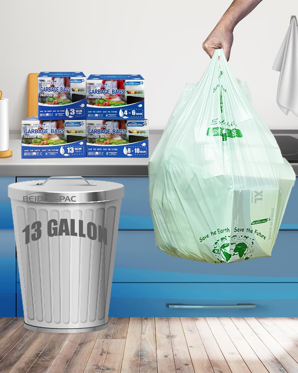 13 Gallon Compostable Trash Bags, 30 Count, Compost Bags Tall Kitchen Trash Bags with Handle, Sturdy Biodegradable Garbage Bags Food Scrap Waste Bags, ASTM D6400, US BPI Certified