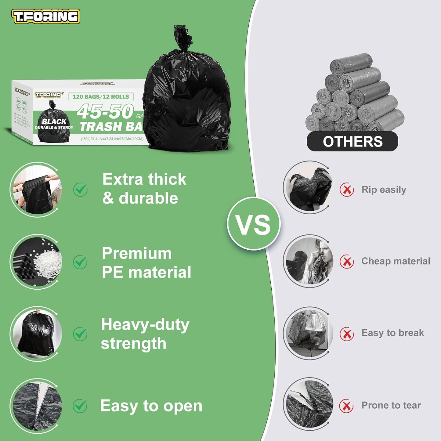 45-50 Gallon Black Trash Bags 120 Count - 38''x47'' Large Garbage Bags Unscented, 40+ Gallon Trash Can Liners, Multipurpose for Office, Outdoor, Yard and Commercial