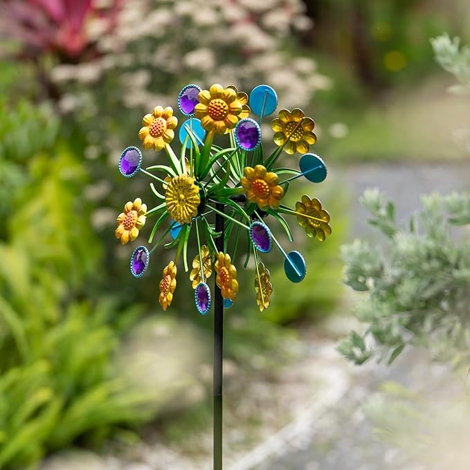 Wind Spinner, Metal Yellow florets and Purple Jewelry 44.25 inch Outdoor Metal Wind Spinners for Patio,Lawn,Garden,Creative Gifts for Women, Double Windmill with Stable Stake