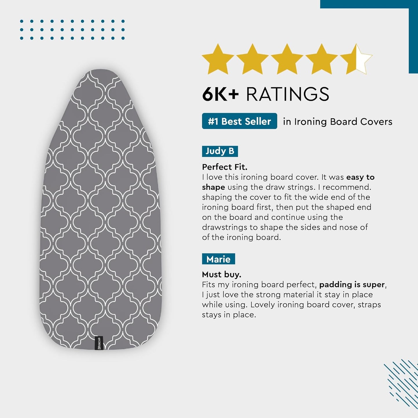 Encasa XO Ironing Board Cover and Pad 49"x18" - Thick 3mm Felt Padding, Drawstring Tightening & Lock, Easy Fit, Scorch & Stain Resistant, Fits Wide Ironing Board - Grey Tiles