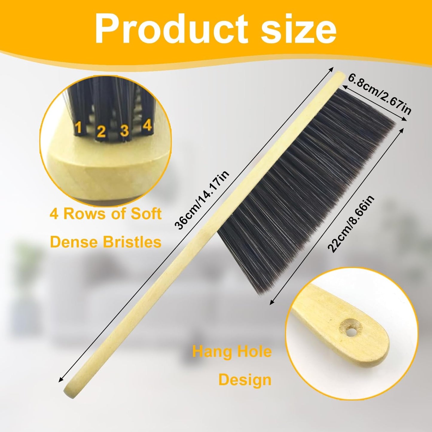 2 Pcs Hand Broom Brush, Wooden Handle Soft Bristle Cleaning Dust Brush，for Furniture, Bed, Car, Bench, Crevice Cleans, Sofa, Fireplace, Clothes (Straight Handle)