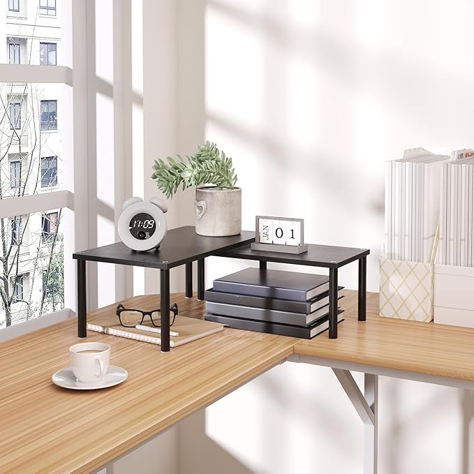 Cabinet Organizer Shelf(Set of 2),Kitchen Counter Shelves,Bamboo Spice Rack Countertop and Cabinet,Stackable Expandable,Large(Black)