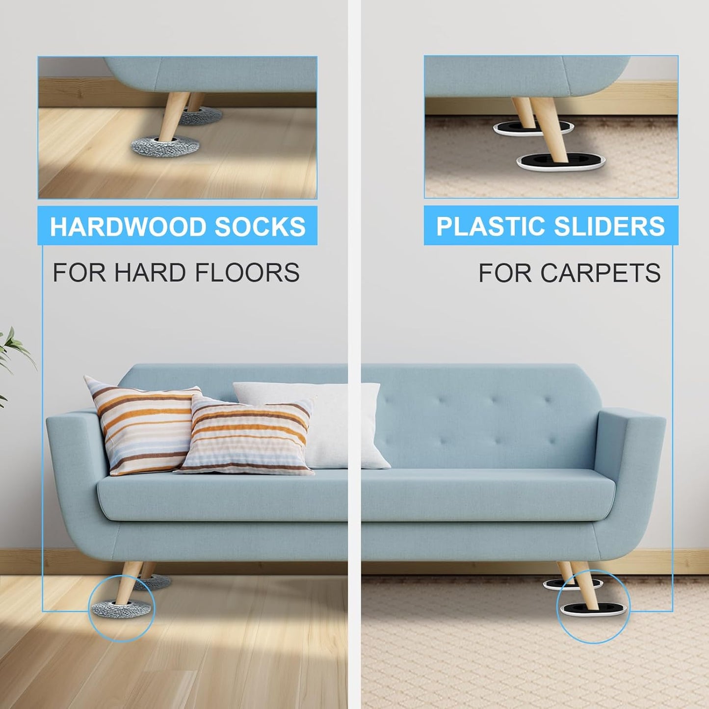 New Upgrade Furniture Movers Sliders, 8+8 Pack 5.8 * 4.3" Multi-Surface Furniture Sliders with Groove Design, Oval 8PCS Moving Pads and 8 Hardwood Socks, Protect Floor and Easily Move Furniture