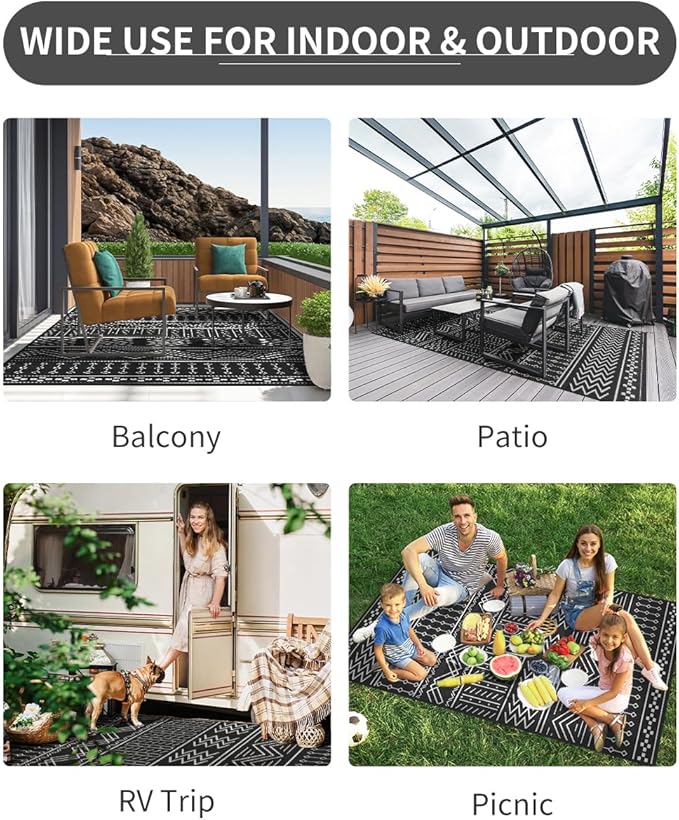 Outdoor Rug Carpet Waterproof 8x10 ft Patio Rug Mat Indoor Outdoor Area Rug for RV Camping Picnic Reversible Lightweight Plastic Straw Outside Rug for Patio Decor Decoration Boho Rug Black White