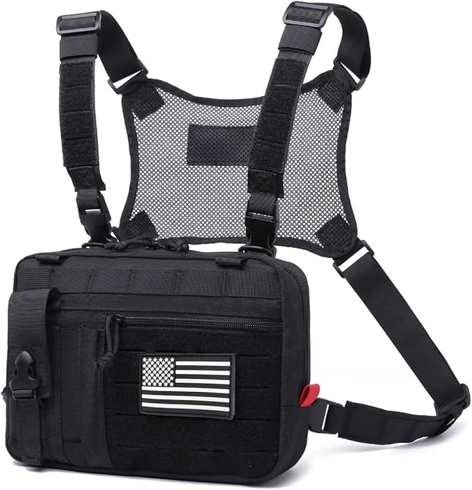 Tactical Molle Admin Pouch of Laser Cut Design,Medical EMT Organizer with Phone Pouch,EDC EMT Pack IFAK Tool Holder WIth US Patch (Large Black with Harness)