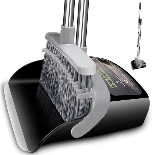 Broom with Dustpan Combo Set Broom and Dustpan Set Dust Pan with 51.2" Stainless Steel Long Handle, Brooms with 5-Layer Plus Firm and Soft Bristles Combine, New Home Apartment Office Essentials