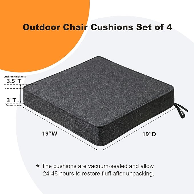 Square Corner Seat Cushions, 19" x 19" x 3", Set of 4, Indoor Outdoor Water Repellent Universal Chair Pads with Ties for Patio Furniture, Garden Deck Dining Chairs, Charcoal