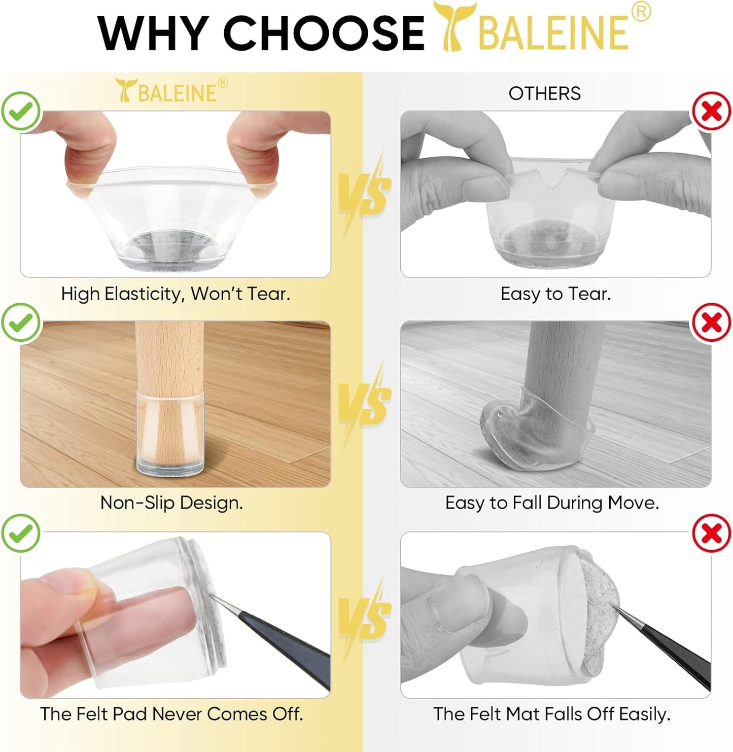 BALEINE 24 Pack Silicone Chair Leg Floor Protectors, Stool Leg Protectors Cap, Non-Slip Chair Leg Caps for Hardwood Floors (Clear, X-Large, 24 Pack)