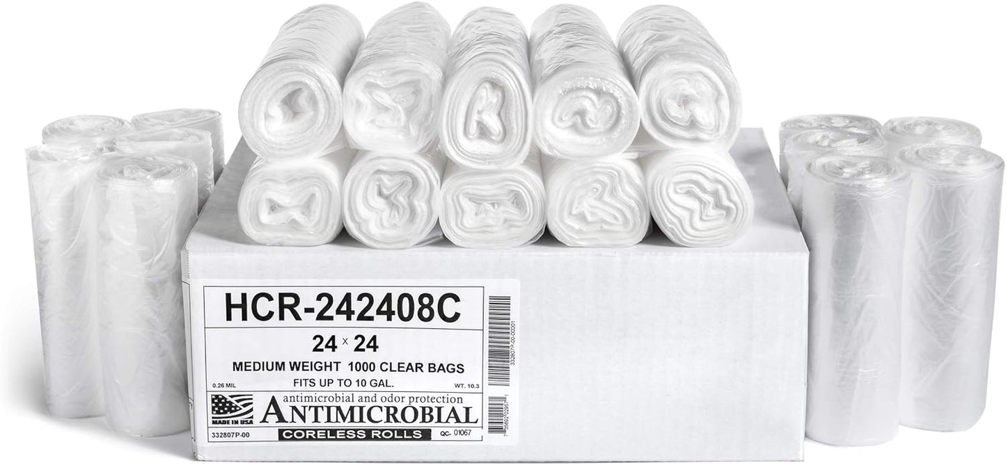 Aluf Plastics High Density Trash Bags, 10 Gallon, 1000 Count, 8 Micron (eq), 24" x 24", Clear, for Bathroom, Office, Industrial, Commercial, Janitorial, Municipal, Recycling