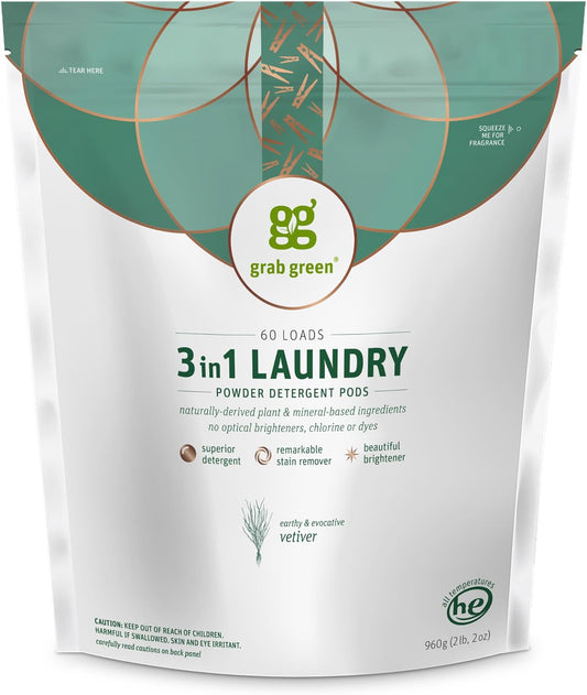 Grab Green 3-in-1 Laundry Detergent Pods, 60 Count, Vetiver Scent, Plant and Mineral Based, Superior Cleaning Power, Stain Remover, Brightens Clothes