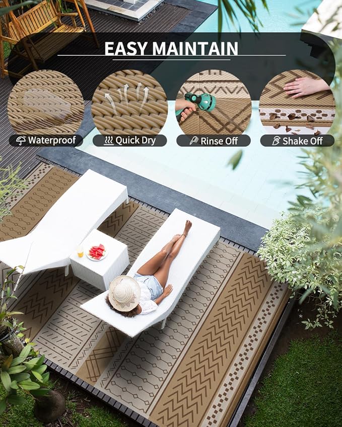 Outdoor Rug Carpet Waterproof 8x10 ft Patio Rug Mat Indoor Outdoor Area Rug for RV Camping Picnic Reversible Lightweight Plastic Straw Outside Rug for Patio Decor Decoration Boho Rug Brown Beige