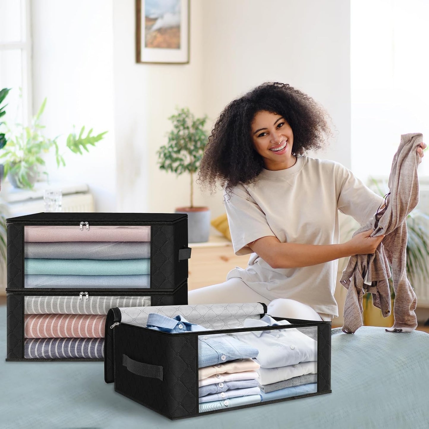 HomeHacks Storage 4-Pack Clothes Organizer Storage Bags Foldable Storage Box with Large Clear Window Sturdy Handles for Closet, Dorm, Pillows, Bedding, Clothes, Blankets, 35L, Black