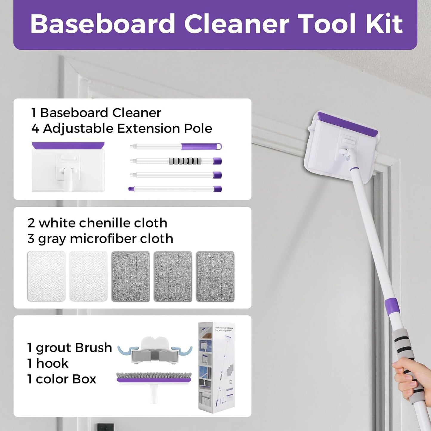 Baseboard Cleaner Tool with Handle 2.0, 60" Extendable Long Handle, Dust Trapping and Locking, 5 Reusable Pads, Purple Base Boards Cleaning Tool for Moldings, Wall, Floor, Bathroom, Kitchen