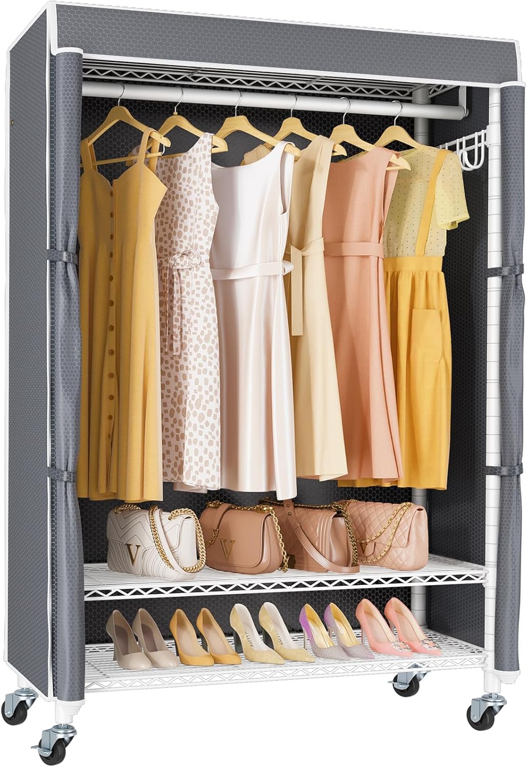 VIPEK R3C Portable Closet with Cover - Heavy Duty Freestanding Clothes Rack with Wheels & Hanging Rod & Side Hooks, 36.6" Lx17.3 Wx72.4 H, White Rack with Grey Upgraded Polyester Cover