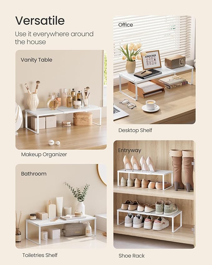 SONGMICS Spice Rack, Expandable Kitchen Countertop Shelf, Small Cupboard Organizer, Metal, Space-Saving Tabletop Shelf, Matte White UKCS007W01