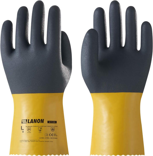 LANON PVC Chemical Gloves, Thick Rubber Work Gloves, Heavy-Duty, EN 374/388, Acid, Alkali and Oil, Non-Slip, Large